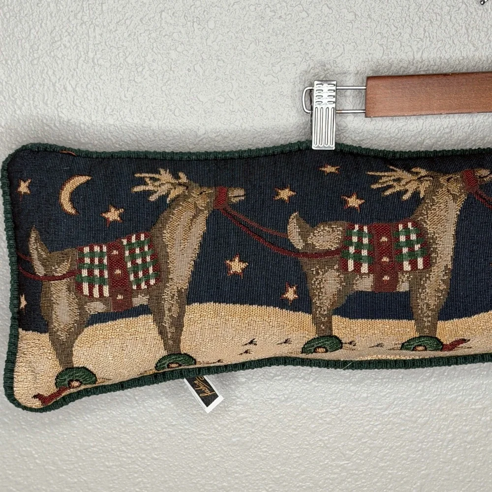 VTG Christmas Reindeer Tapestry Lumbar Pillow 29x8 Cabin Lodge Holiday Decor‎